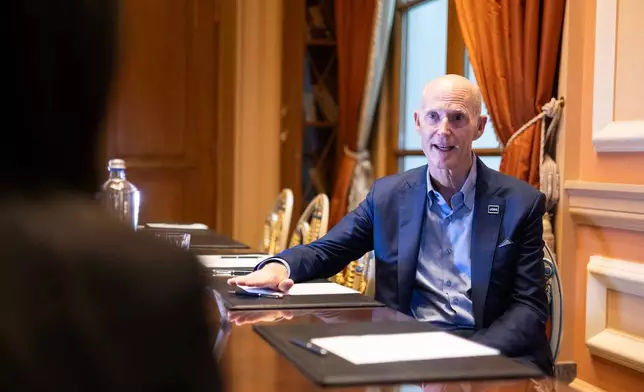 U.S. Sen. Rick Scott, R-Fla., speaks during an interview in Athens, Greece, Saturday, Oct. 17, 2026. (AP Photo/Yorgos Karahalis)