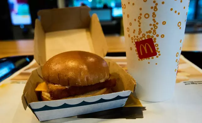 A McDonald's Filet-O-Fish sandwich, made from Alaskan pollock, sits on a table Wednesday, Oct. 7, 2026 in Seattle (AP Photo/Annika Hammerschlag)