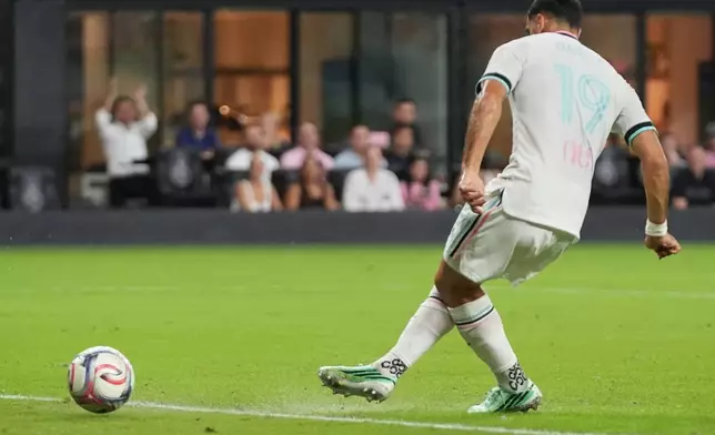 Inter Miami forward Germán Berterame (19) scores a goal during the first half of an MLS soccer match against New York City FC, Wednesday, Oct. 14, 2026, in Miami. (AP Photo/Lynne Sladky)