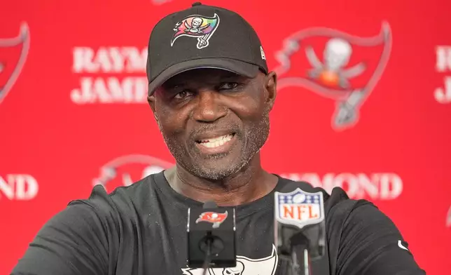 Tampa Bay Buccaneers head coach Todd Bowles speaks during a news conference following an NFL football game against the Green Bay Packers in Tampa, Fla., Sunday, Oct. 4, 2026. (AP Photo/Chris O'Meara)