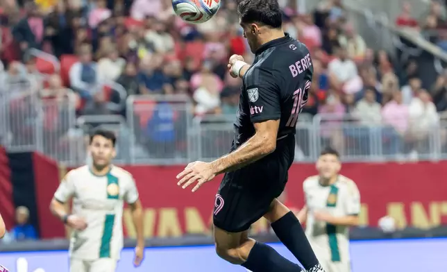Inter Miami forward Germán Berterame, center, scores against Atlanta United during the first half of an MLS soccer match Saturday, Oct. 17, 2026, in Atlanta. (AP Photo/Vasha Hunt)