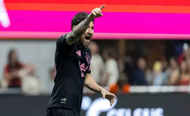 Inter Miami forward Lionel Messi reacts after a goal against Atlanta United during the first half of an MLS soccer match Saturday, Oct. 17, 2026, in Atlanta. (AP Photo/Vasha Hunt)