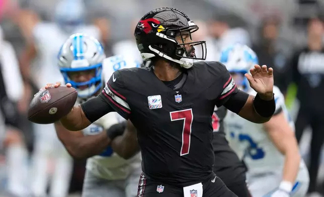 Arizona Cardinals quarterback Jacoby Brissett (7) passes against the Detroit Lions during the first half of an NFL football game in Glendale, Ariz., Sunday, Oct. 11, 2026. (AP Photo/Ross D. Franklin)