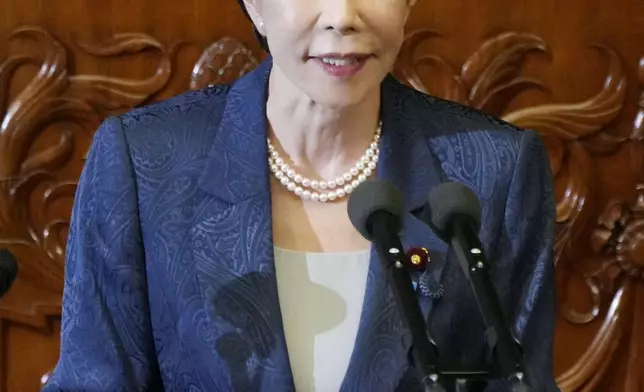 Japan's Prime Minsiter Sanae Takaichi mentions a murder in Okinawa at the outset of her policy speech in Tokyo Monday, Oct. 5, 2026. (Keisuke Hosojima/Kyodo News via AP)
