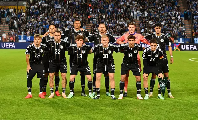 Germany's team players pose for a picture before the UEFA Nations League soccer match between Greece and Germany in Thessaloniki, northern Greece, Sunday, Oct. 4, 2026. (AP Photo/Giannis Papanikos)