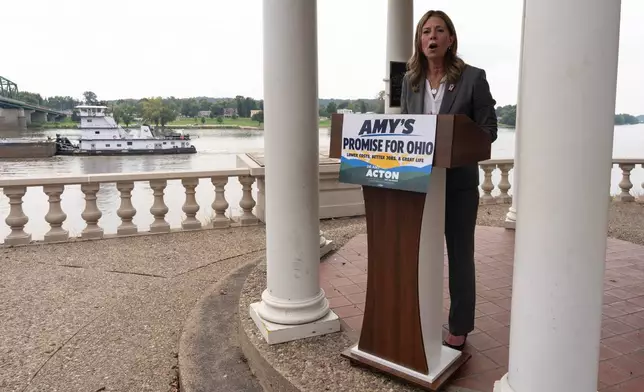Democratic gubernatorial candidate Dr. Amy Acton speaks during a campaign event along the Ohio River, in Marietta, Ohio, Thursday, Sept. 17, 2026. (AP Photo/Carolyn Kaster)