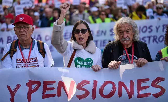 Pensioners and supporters march to defend their retirement rights in Madrid, Spain, Saturday, Oct. 24, 2026. (AP Photo/Bernat Armangue)
