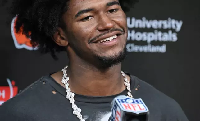 Cleveland Browns wide receiver KC Concepcion speaks to journalists following an NFL football game against the Tennessee Titans in Nashville, Tenn., Sunday, Oct. 25, 2026. (AP Photo/John Amis)