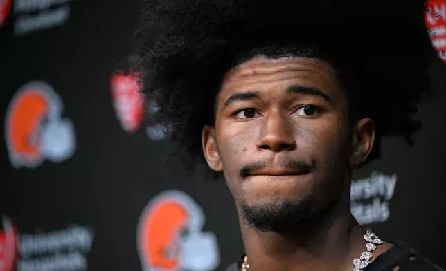 Cleveland Browns wide receiver KC Concepcion speaks to journalists following an NFL football game against the Tennessee Titans in Nashville, Tenn., Sunday, Oct. 25, 2026. (AP Photo/John Amis)