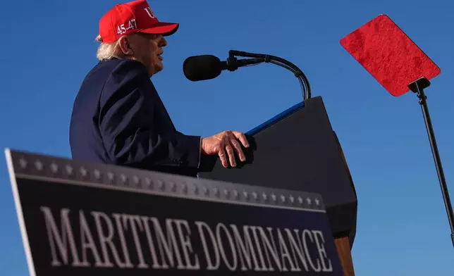 President Donald Trump speaks at an event for Anduril Industries, Inc., at Sparrows Point Shipyard, Tuesday, Oct. 6, 2026, in Sparrows Point, Md. (AP Photo/Julia Demaree Nikhinson)