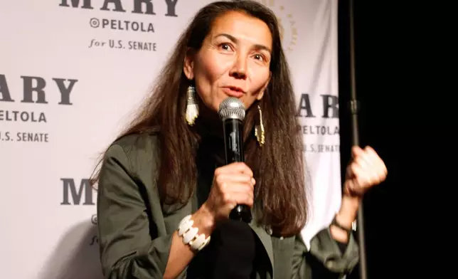 FILE - Mary Peltola, a Democrat running for the U.S. Senate seat in Alaska, addresses supporters at an election watch party on Aug. 18, 2026, in Anchorage, Alaska. (AP Photo/Mark Thiessen, File)