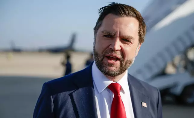 Vice President JD Vance speaks to the media before boarding Air Force Two for Texas, at Joint Base Andrews, Md., Thursday, Oct. 29, 2026. (Evan Vucci/Pool Photo via AP)