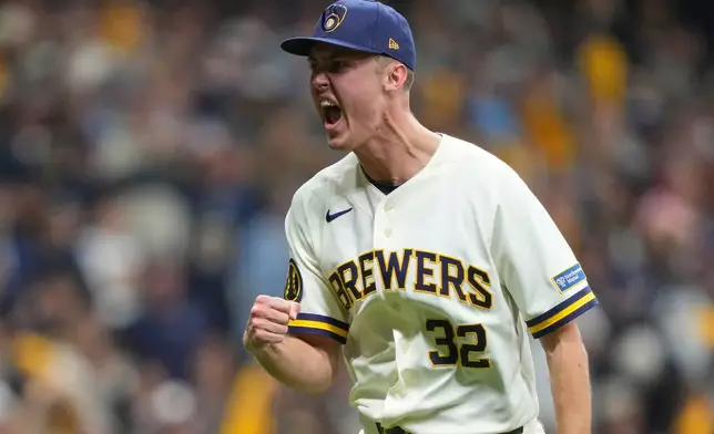 Milwaukee Brewers' Jacob Misiorowski reacts after striking out San Diego Padres' Luis Campusano during the fourth inning in Game 1 of a National League Divisional baseball playoff series Saturday, Oct. 3, 2026, in Milwaukee. (AP Photo/Kayla Wolf)