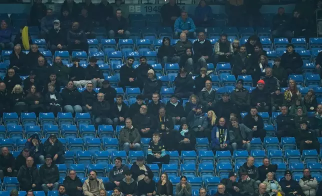 Half-empty stand is seen during the Champions League soccer match between Manchester City and AEK Athens in Manchester, England, Tuesday, Oct. 20, 2026. (AP Photo/Dave Thompson)