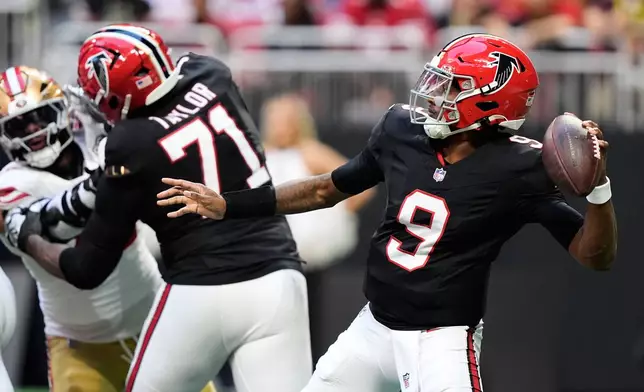 Atlanta Falcons quarterback Michael Penix Jr. (9) throws a pass during the second half of an NFL football game against the San Francisco 49ers in Atlanta, Sunday, Oct. 25, 2026. (AP Photo/Brynn Anderson)