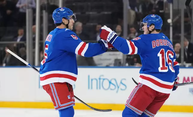 New York Rangers' Sean Durzi (5) celebrates with teammate Pavel Dorofeyev (16) after scoring a goal during the first period of an NHL hockey game against the Anaheim Ducks Monday, Oct. 19, 2026, in New York. (AP Photo/Frank Franklin II)
