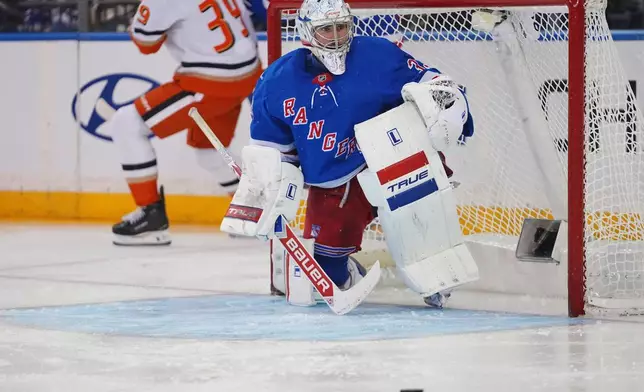 New York Rangers goaltender Dylan Garand (33) protects the net during the second period of an NHL hockey game against the Anaheim Ducks Monday, Oct. 19, 2026, in New York. (AP Photo/Frank Franklin II)