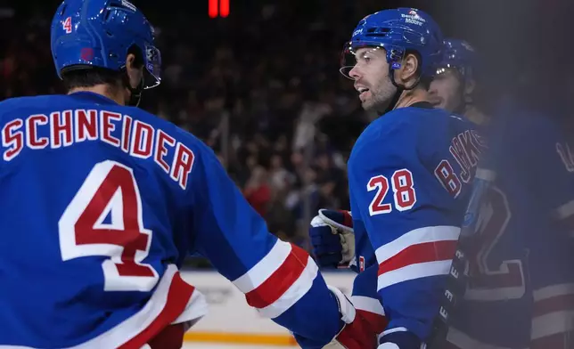 New York Rangers' Oliver Bjorkstrand (28) celebrates with teammates after scoring a goal during the third period of an NHL hockey game against the Anaheim Ducks Monday, Oct. 19, 2026, in New York. (AP Photo/Frank Franklin II)