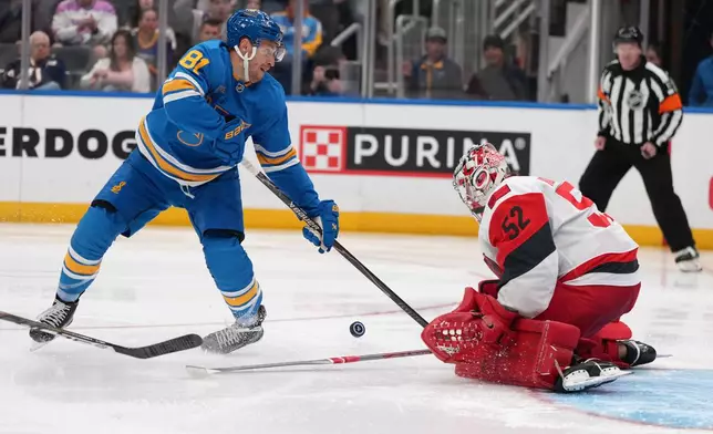 St. Louis Blues' Dylan Holloway (81) is unable to score past Carolina Hurricanes goaltender Pyotr Kochetkov (52) during the second period of an NHL hockey game Saturday, Oct. 24, 2026, in St. Louis. (AP Photo/Jeff Roberson)