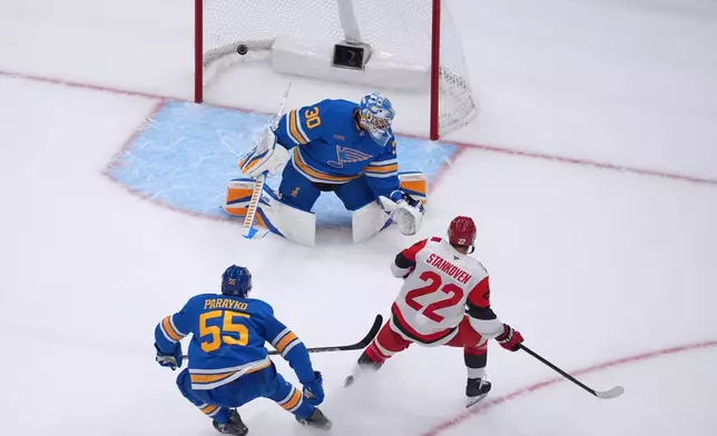 Carolina Hurricanes' Logan Stankoven (22) scores past St. Louis Blues goaltender Joel Hofer (30) and Colton Parayko (55) during the second period of an NHL hockey game Saturday, Oct. 24, 2026, in St. Louis. (AP Photo/Jeff Roberson)