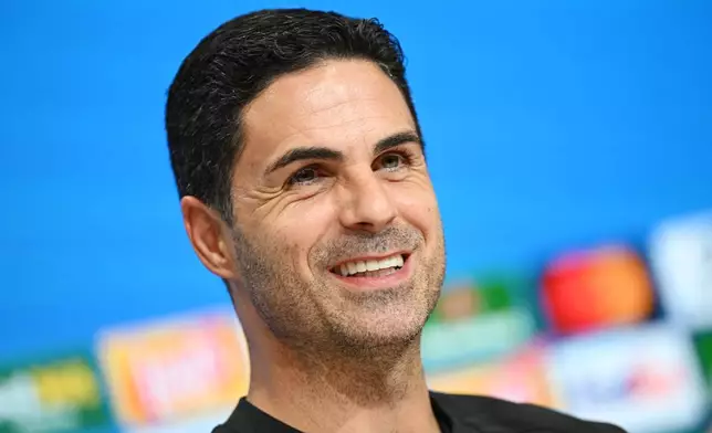 Arsenal coach Mikel Arteta attends a press conference in Munich, Tuesday Oct. 20, 2026, a day ahead of the Champions League soccer match between FC Bayern Munich and FC Arsenal on Wednesday. (Angelika Warmuth/dpa via AP)