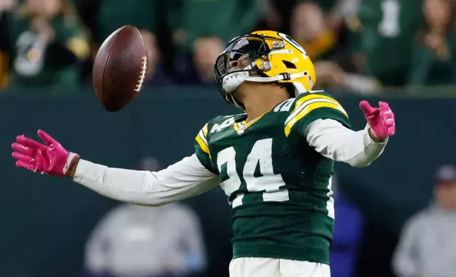 Green Bay Packers' Carrington Valentine reacts to a penalty to negate an interception during the second half of an NFL football game against the Dallas Cowboys in Green Bay, Wis., Sunday, Oct. 18, 2026. (AP Photo/Mike Roemer)