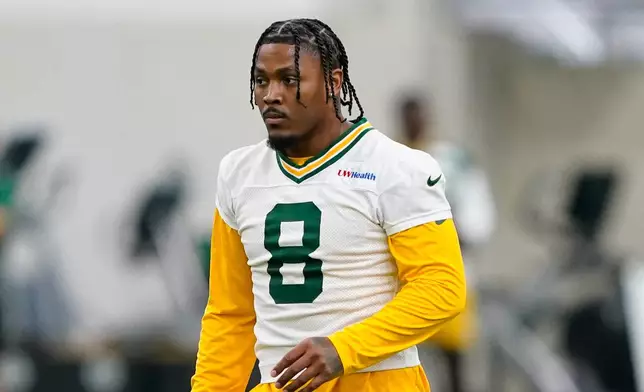 FILE - Green Bay Packers running back Josh Jacobs works out during NFL football practice, June 9, 2026, in Green Bay, Wis. (AP Photo/Kayla Wolf, File)