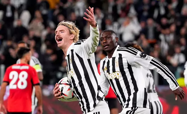 Juventus' Nick Woltemade celebrates scoring during the Europa League opening phase soccer match between Juventus and Rennes in Turin, Italy, Thursday Oct. 22, 2026. (Fabio Ferrari/LaPresse)