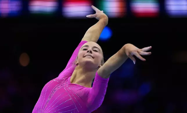 Claire Pease, of the United States, competes in the floor exercise during the apparatus finals at the Artistic Gymnastics World Championships in Rotterdam, the Netherlands, Sunday, Oct. 25, 2026. (AP Photo/Francisco Seco)