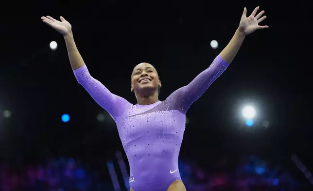 Skye Blakely, of the United States, reacts after competing in the beam during the apparatus finals at the Artistic Gymnastics World Championships in Rotterdam, the Netherlands, Sunday, Oct. 25, 2026. (AP Photo/Patrick Post)