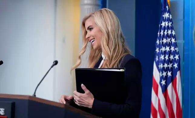 White House press secretary Katie Zacharia concludes her first news conference in the James Brady Press Briefing Room at the White House, Tuesday, Oct. 13, 2026, in Washington. (AP Photo/Manuel Balce Ceneta)