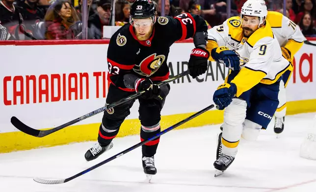 Ottawa Senators' Nikolas Matinpalo (33) vies for the puck against Nashville Predators' Filip Forsberg (9) during the first period of an NHL hockey game in Ottawa, Ontario, Saturday, Oct. 10, 2026. (Keito Newman/The Canadian Press via AP)