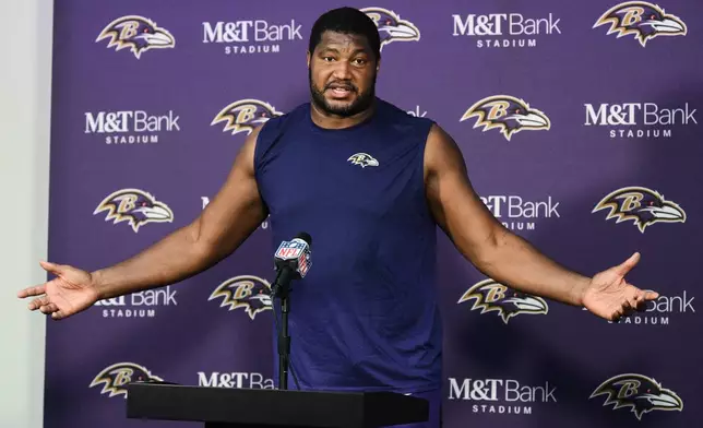 Baltimore Ravens defensive end Calais Campbell (93) speaks during a press conference after an NFL football game against the Cincinnati Bengals in Baltimore, Sunday, Oct. 25, 2026. (AP Photo/Nick Wass)