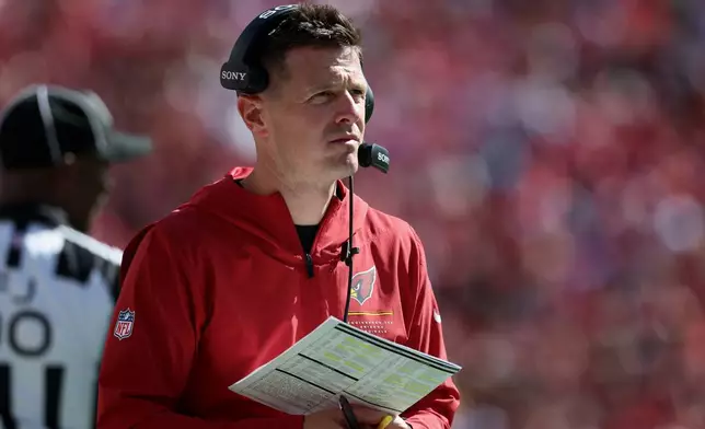 Arizona Cardinals head coach Mike LaFleur walks on the sideline during the second half of an NFL football game against the San Francisco 49ers in Santa Clara, Calif., Sunday, Sept. 27, 2026. (AP Photo/Jed Jacobsohn)
