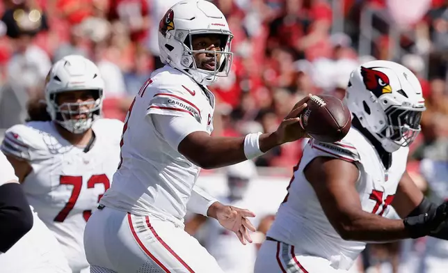 Arizona Cardinals quarterback Jacoby Brissett pitches the ball during the first half of an NFL football game against the San Francisco 49ers in Santa Clara, Calif., Sunday, Sept. 27, 2026. (AP Photo/Kelley L. Cox)