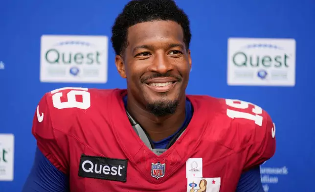 New York Giants' quarterback Jameis Winston talks to reporters after a practice at the team's NFL football facilities in East Rutherford, N.J., Wednesday, Sept. 30, 2026. (AP Photo/Seth Wenig)