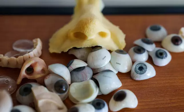 Ocular prostheses are displayed on a table at the Imateh Medical laboratory in Kyiv, Ukraine, Tuesday, Sept. 29, 2026. (AP Photo/Evgeniy Maloletka)