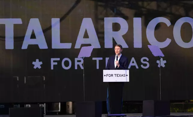 Democratic U.S. Senate candidate Texas state Rep. James Talarico speaks at a campaign event in Plano, Texas, Sunday, Oct. 18, 2026. (AP Photo/LM Otero)