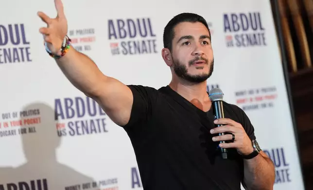 FILE - Abdul El-Sayed, a progressive candidate in the Democratic primary for U.S. Senate in Michigan, speaks during a campaign rally at a coffee shop, Aug. 3, 2026, in Detroit. (AP Photo/Julia Demaree Nikhinson, File)