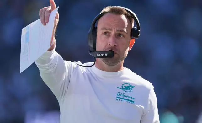Miami Dolphins head coach Jeff Hafley in the first half of an NFL football game against the New York Jets in East Rutherford, N.J., Sunday, Oct. 25, 2026. (AP Photo/Seth Wenig)