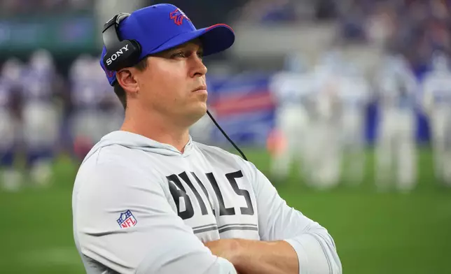 FILE - Buffalo Bills defensive coordinator Jim Leonhard looks on during an NFL football game against the Detroit Lions in Orchard Park, N.Y., Sept. 17, 2026. (AP Photo/Jeffrey T. Barnes, File)