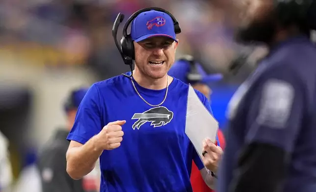 Buffalo Bills head coach Joe Brady stands on the sideline during the second half of an NFL football game against the Los Angeles Rams, Monday, Oct. 12, 2026, in Inglewood, Calif. (AP Photo/Gregory Bull)