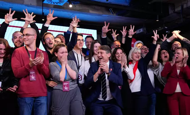 Candidates of the Students' List celebrate on stage along with staff members after polls closed in the parliamentary election in Belgrade, Serbia, Sunday, Oct. 25, 2026. (AP Photo/Petr David Josek)