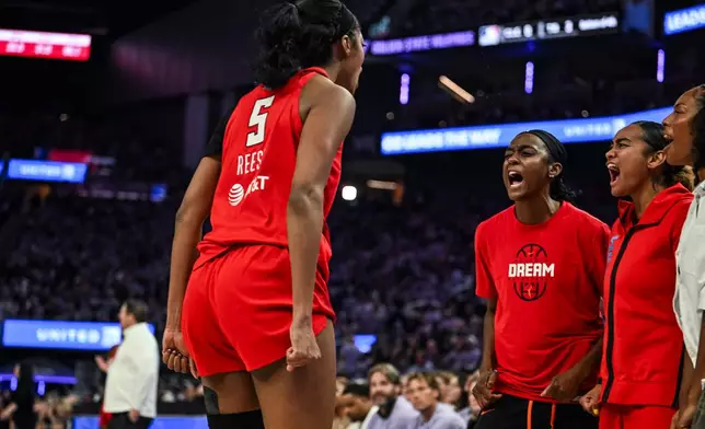 Atlanta Dream forward Angel Reese (5) reacts after an and-one foul during the second half of Game 2 of the WNBA basketball finals against the Golden State Valkyries, Monday, Oct. 19, 2026, in San Francisco. (AP Photo/Justine Willard)