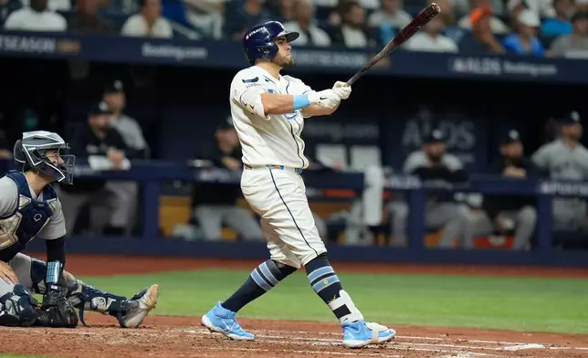 Tampa Bay Rays' Jonathan Aranda watches his solo home run against the New York Yankees during the third inning of Game 1 of an American League Division Series baseball game Saturday, Oct. 3, 2026, in St. Petersburg, Fla. (AP Photo/Chris O'Meara)