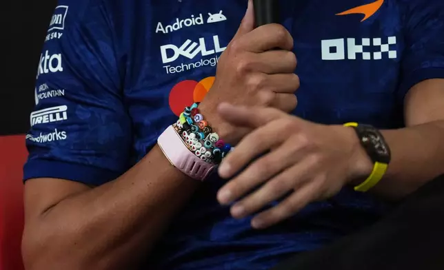 McLaren driver Lando Norris of Britain, wears a bracelet with his name during a press conference ahead of the Singapore Formula One Grand Prix weekend at the Marina Bay Street Circuit in Singapore, Thursday, Oct. 8, 2026. (AP Photo/Ng Han Guan)