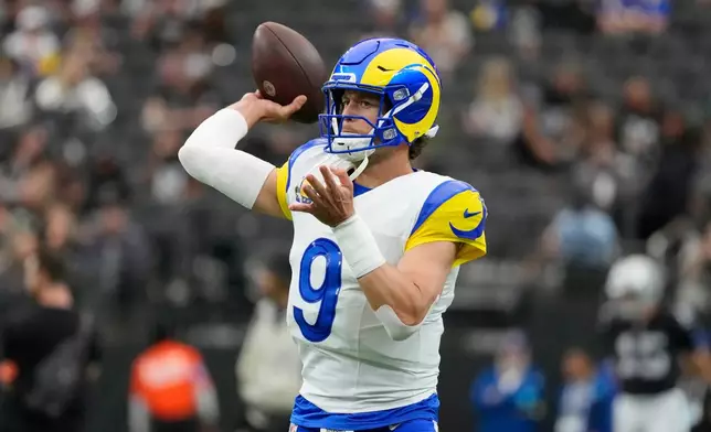 Los Angeles Rams quarterback Matthew Stafford works out prior to an NFL football game against the Las Vegas Raiders Sunday, Oct. 25, 2026, in Las Vegas. (AP Photo/John Locher)