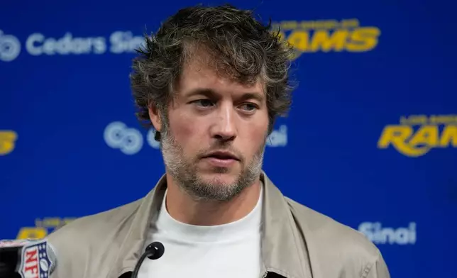 Los Angeles Rams quarterback Matthew Stafford talks to reporters following an NFL football game against the Las Vegas Raiders, Sunday, Oct. 25, 2026, in Las Vegas. (AP Photo/John Locher)