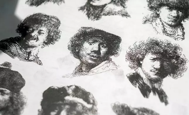 Sketches by Dutch artist Rembrandt that could serve as the basis for a tattoo are displayed in a studio in the Rembrandt House Museum in Amsterdam, Tuesday, Oct. 27, 2026. (AP Photo/Patrick Post)