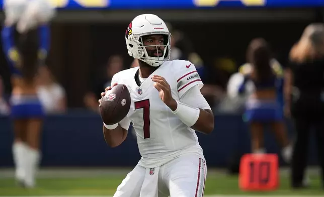 Arizona Cardinals quarterback Jacoby Brissett (7) passes against the Los Angeles Rams during the first half an NFL football game in Inglewood, Calif., Sunday, Oct. 18, 2026. (AP Photo/Gregory Bull)